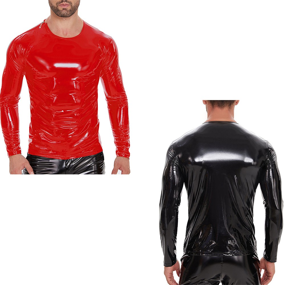 Black/red Sexy Zipper Shoulder Slimming Long Sleeve T-shirt Pvc Leather Mens Top gallery