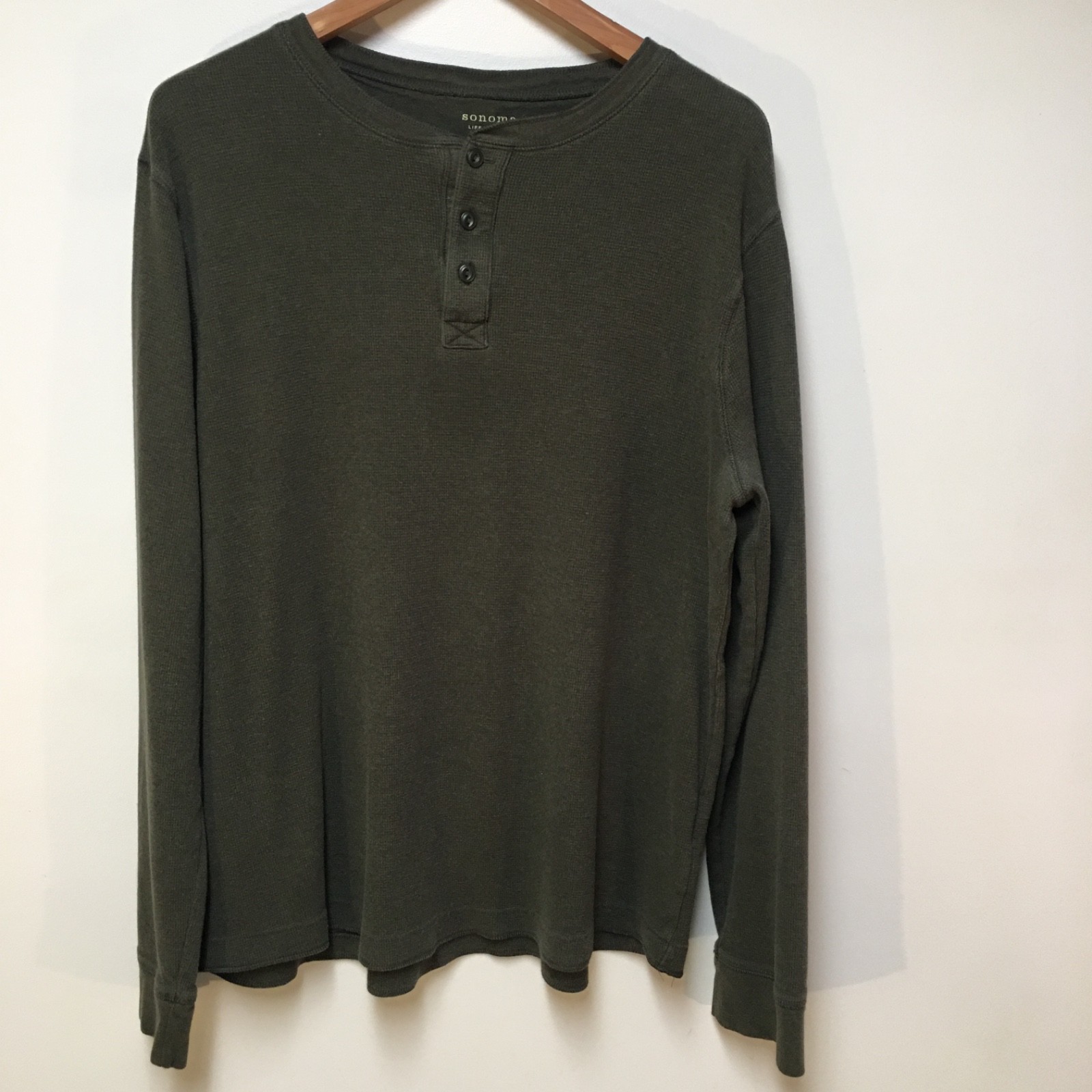 Sonoma Men XL Shirt Green Henley Thermal Waffle Knit 100% Cotton Outdoor Preppy