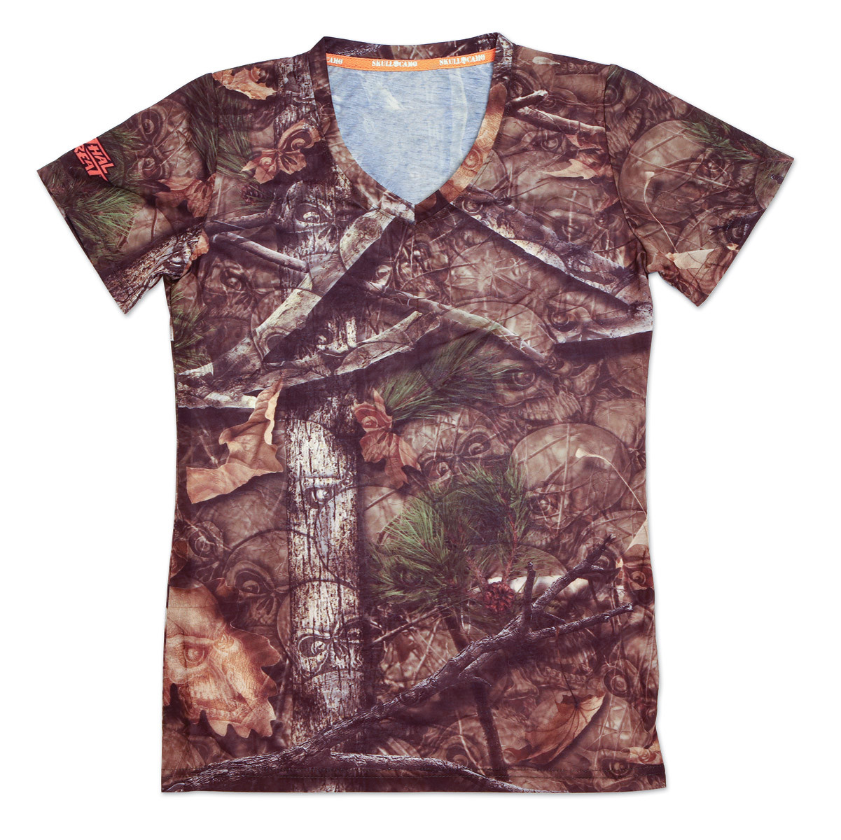 Womens T-Shirt Skull V-Neck Large Camo Ladies Lethal Threat Hunting Backwoods O1