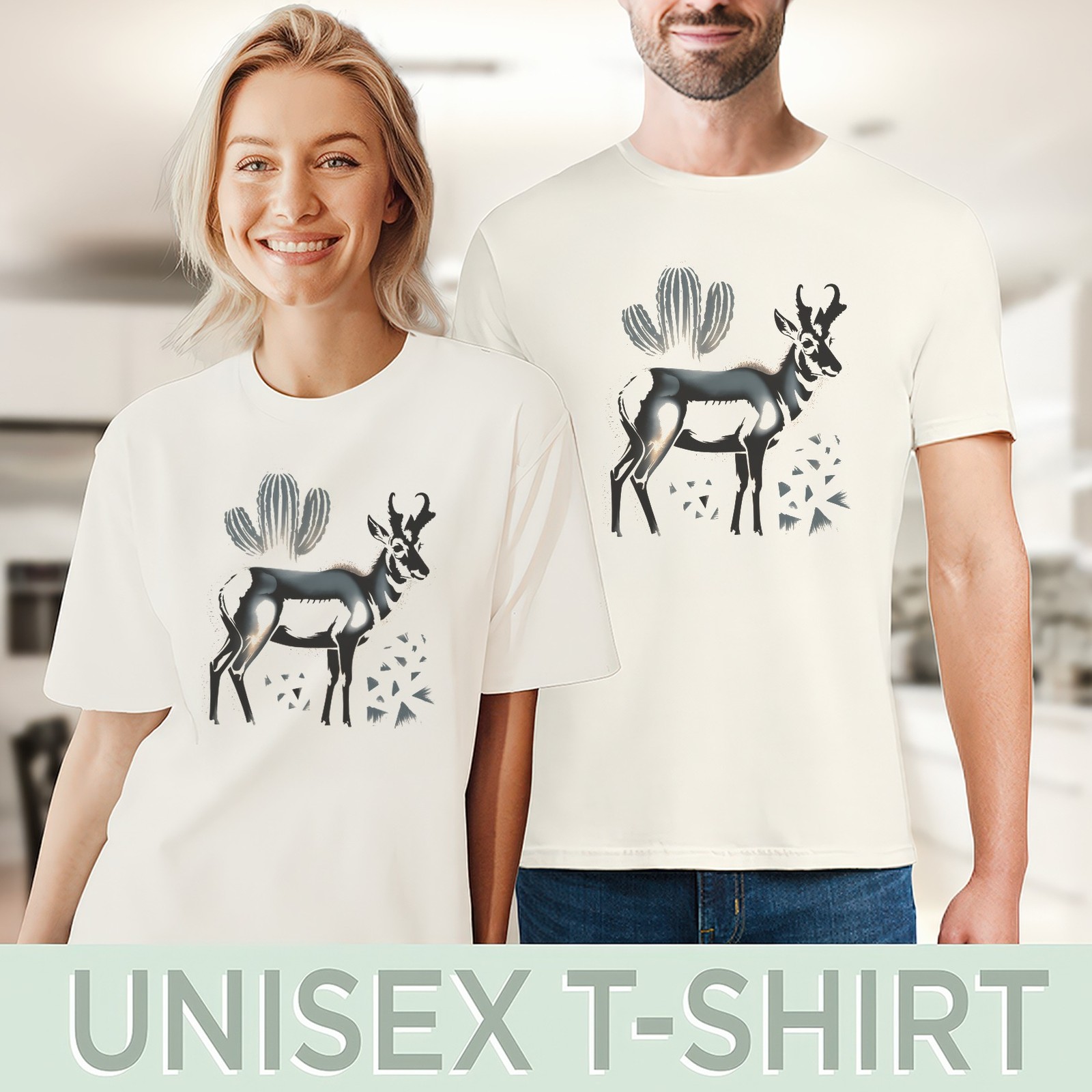 Desert Wildlife Graphic Tee Surreal Antelope Cactus Art Black gallery