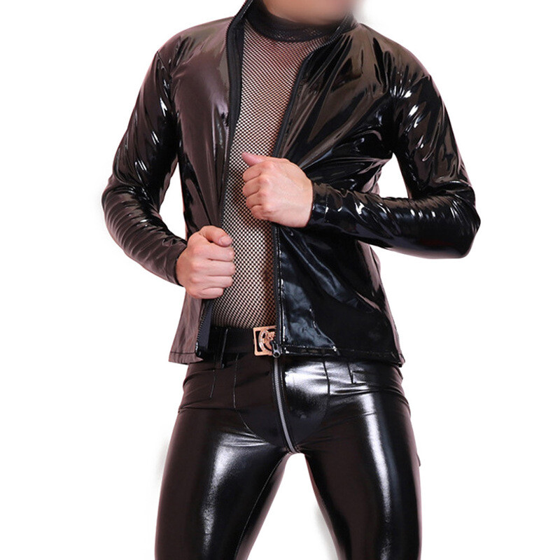 Synthetic Latex Wetlook Handmade front with zipper Men Tops long sleeve outwear gallery