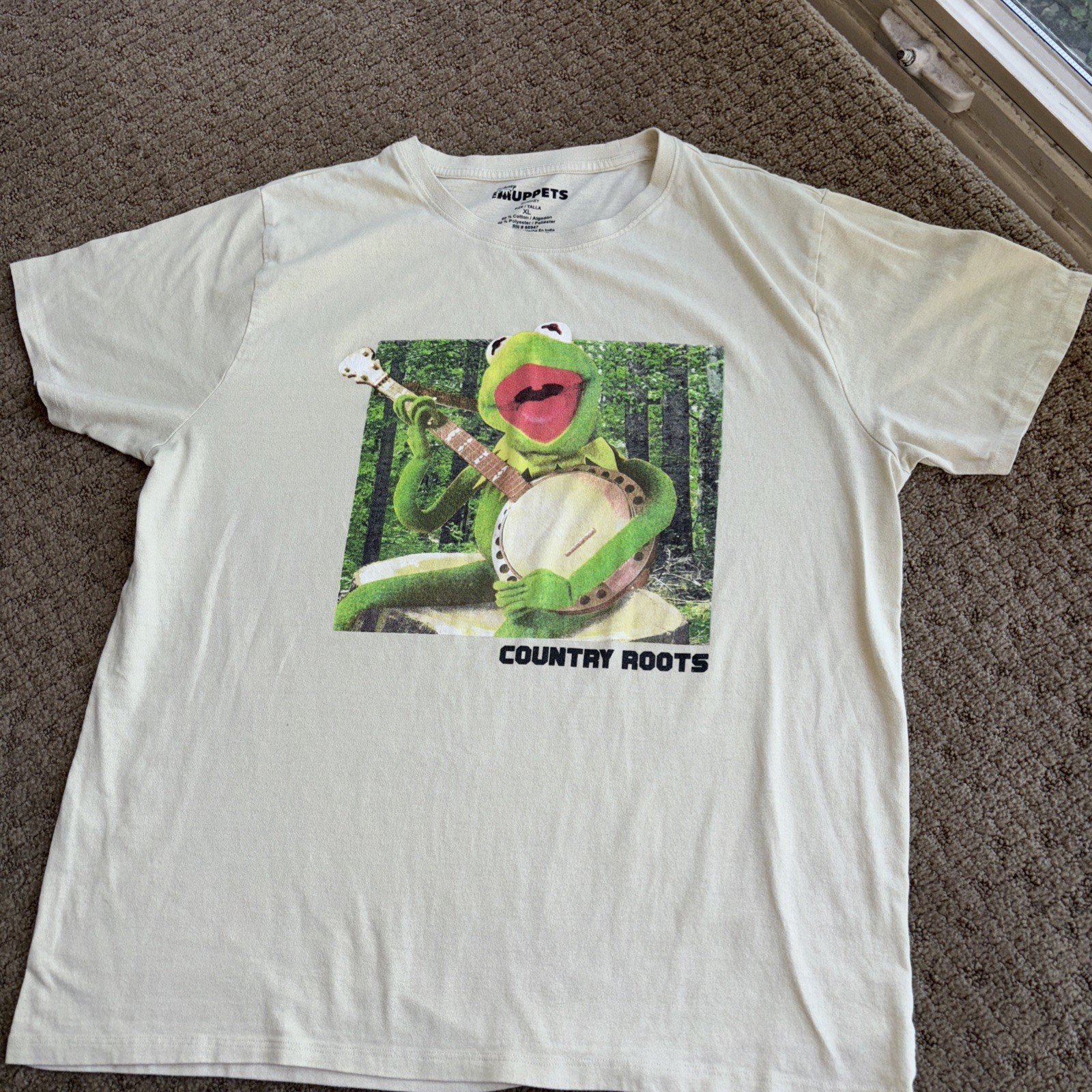 Muppets Kermit the Frog banjo country roots Beige graphic tee Shirt large Funny