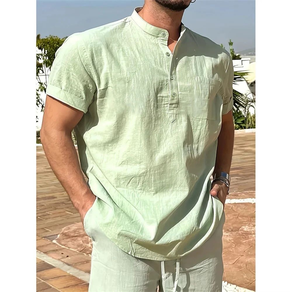 Men's Cotton Linen Henley Shirt Short Sleeve Casual Summer Pocket Tee gallery