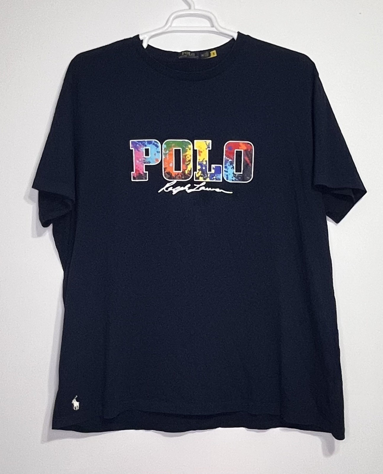 Polo Ralph Lauren Men's Paint Splatter Spell Out T-Shirt in Blue 2XS / 2TG EUC gallery