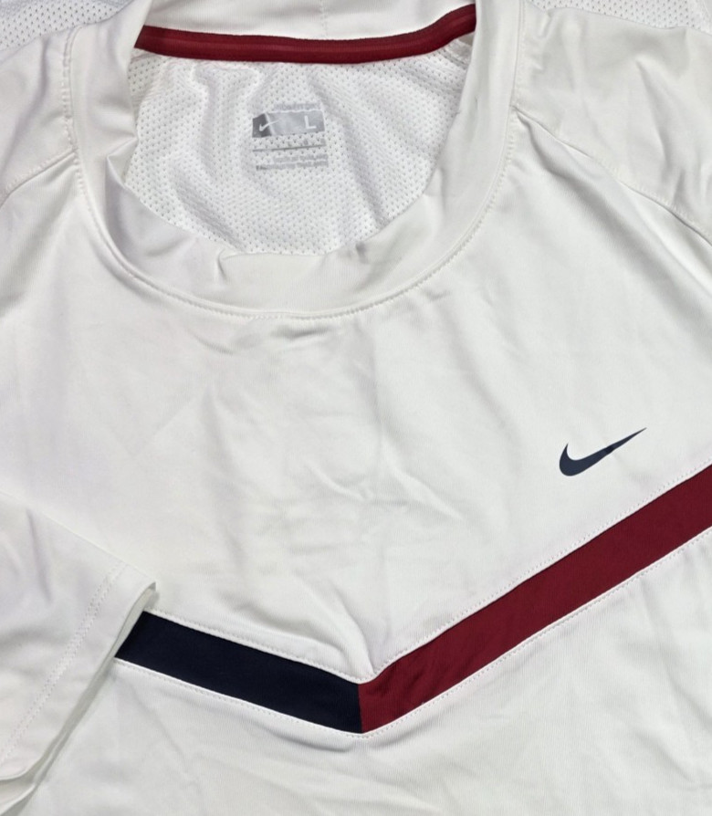 Nike Mens Fit Dry L White Short Sleeve Mesh Performance Tshirt Swoosh Chevron gallery