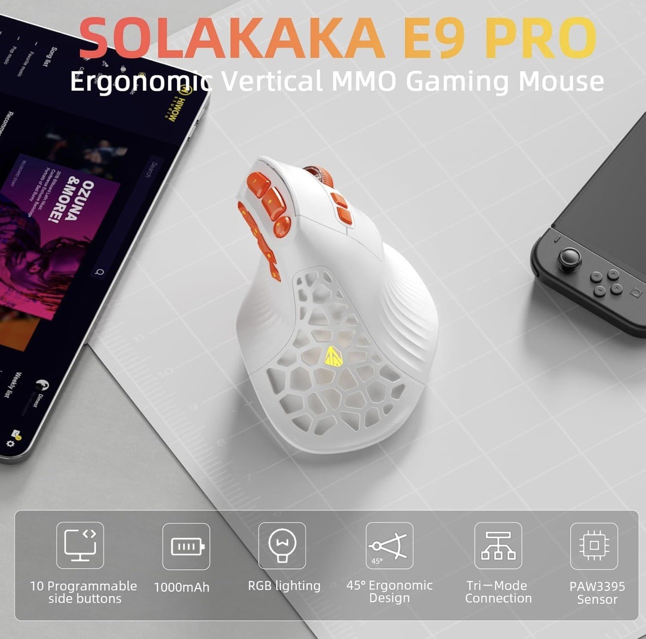 SOLAKAKA E9 PRO Vertical MMO Gaming Mouse with 8K Dongle