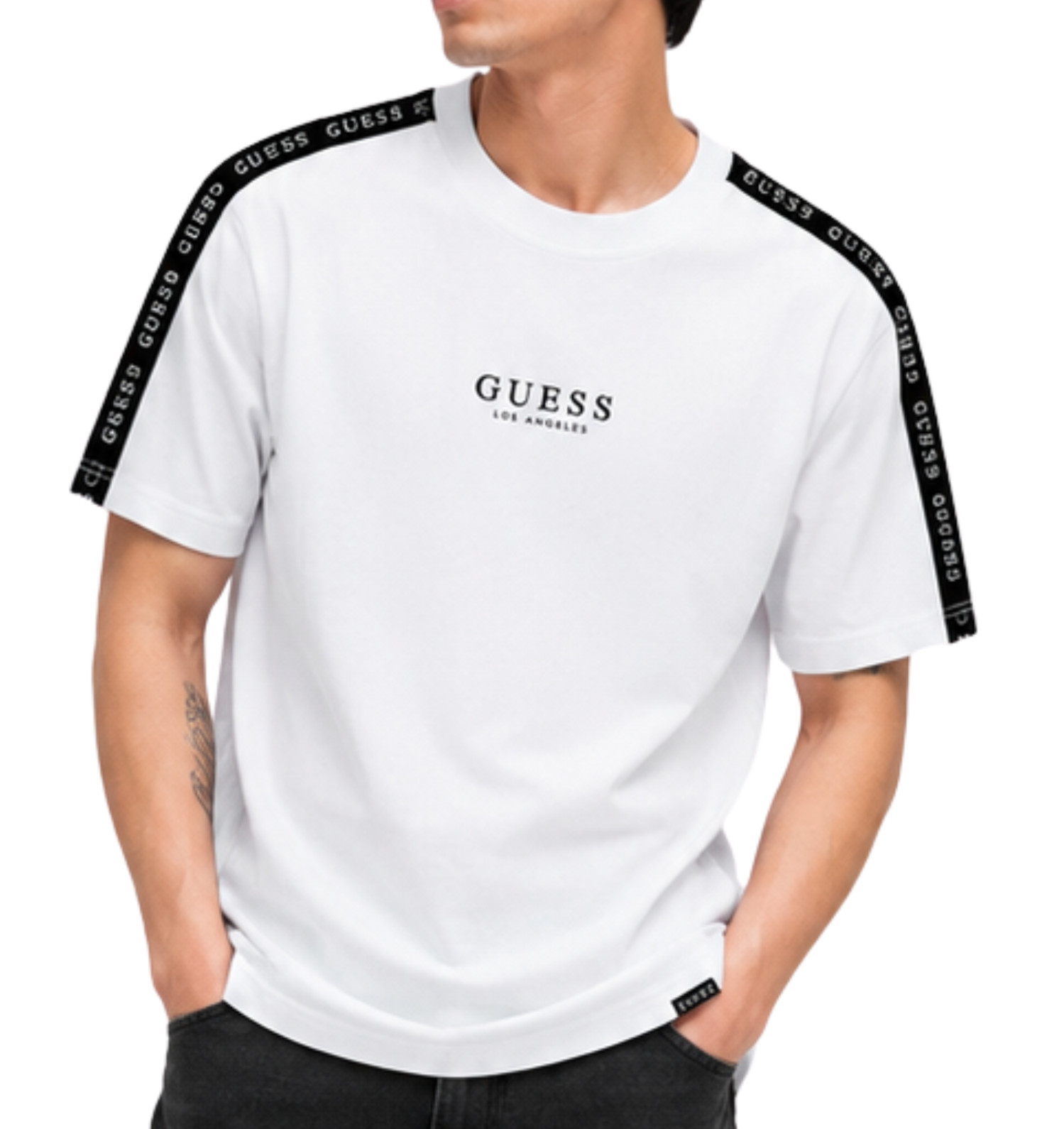 NWT GUESS Los Angeles Men’s White Logo Tape T Shirt Crew Neck Size S gallery