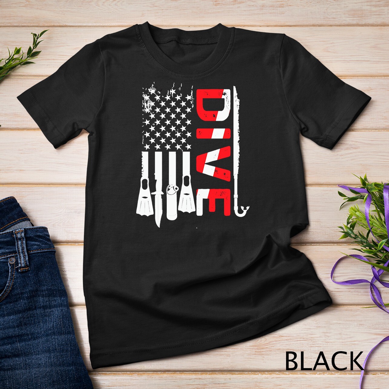 Vintage Scuba Diving Gear American Scuba Diver Down Flag Unisex T-shirt gallery
