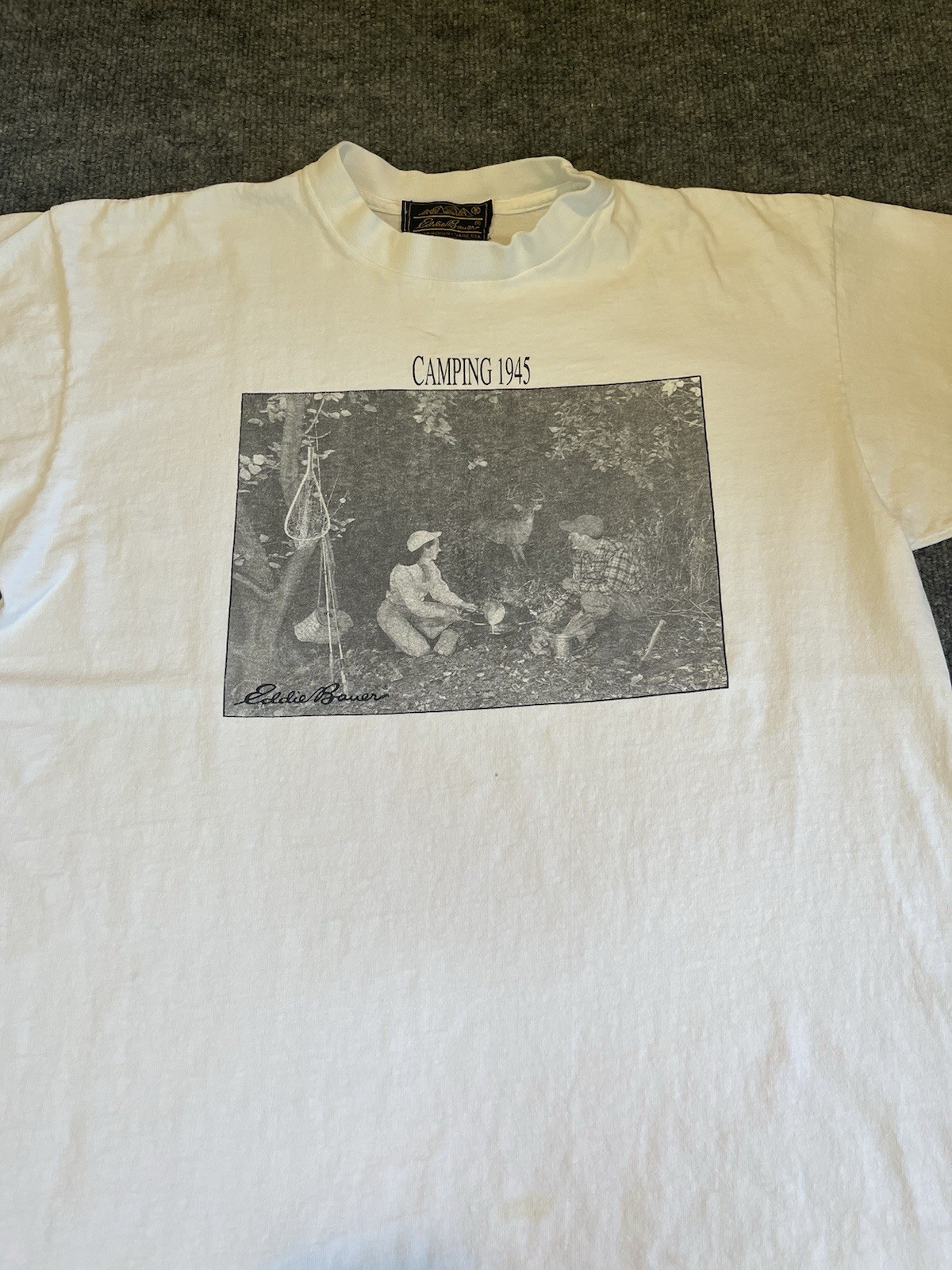 Rare Vintage Eddie Bauer Camping 1945 Graphic Tee Shirt USA White Size Large gallery