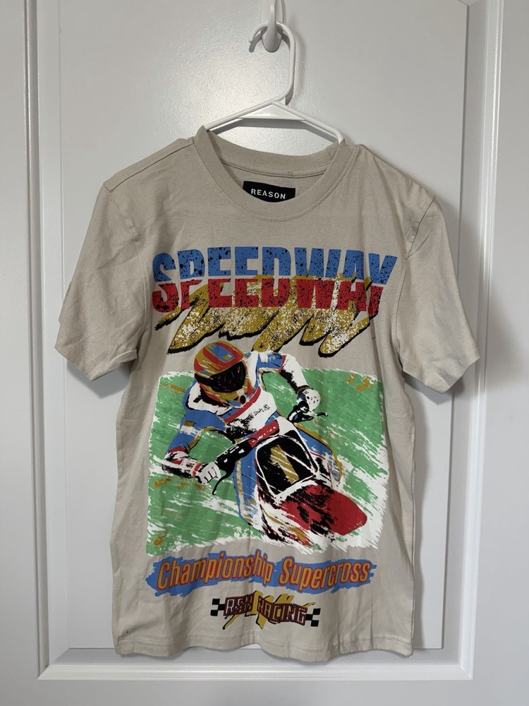 Reason Men’s Beige Speedway Motocross Graphic Crew Neck Cotton T-Shirt S
