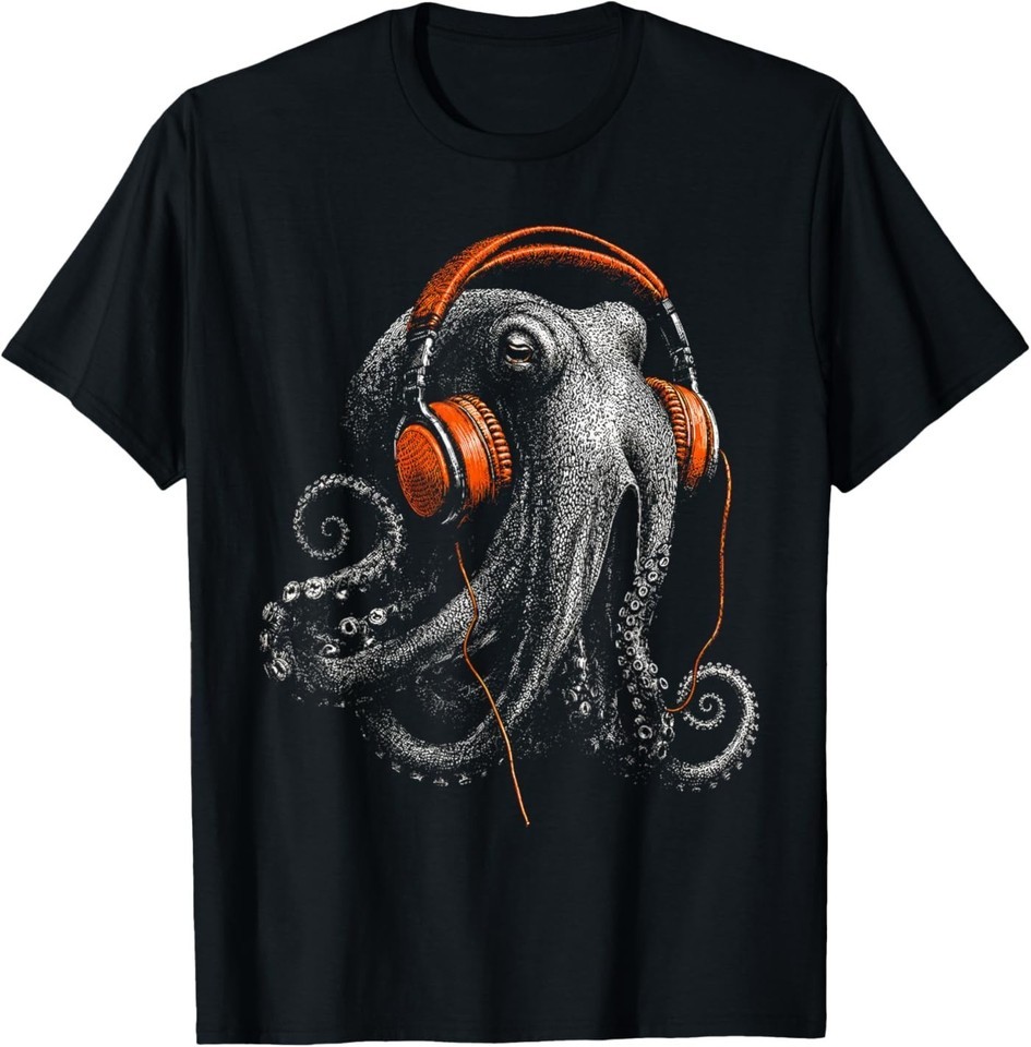 Groovy Octopus Wearing Headphones Retro Ocean Art T-Shirt