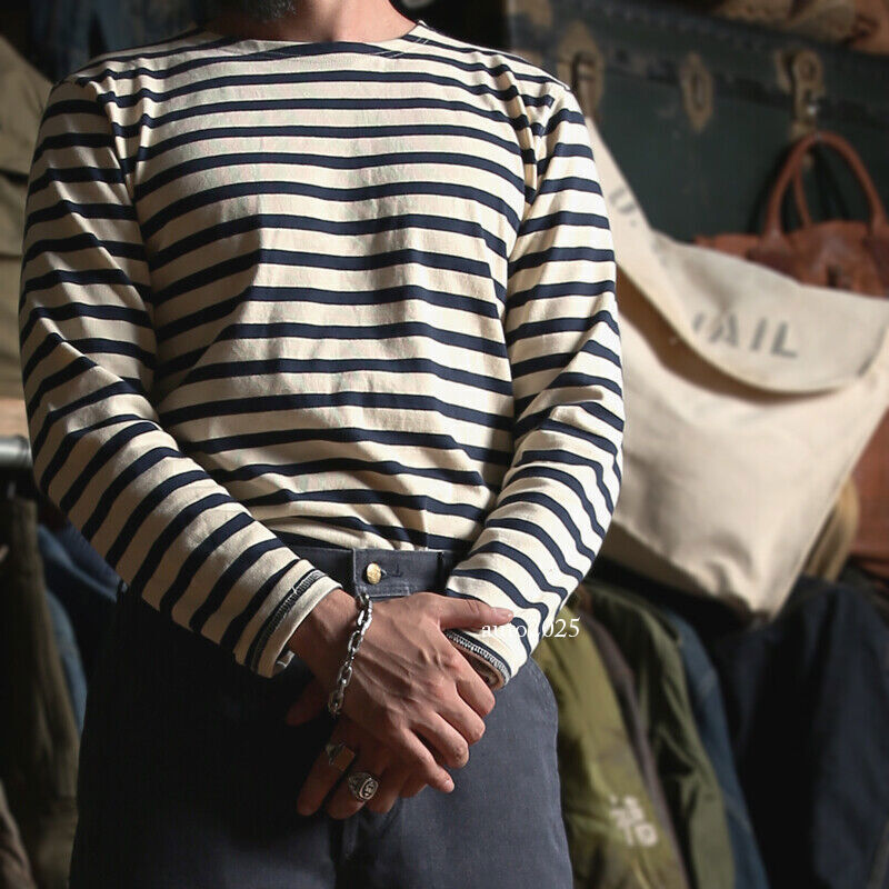 Men’s Striped T-Shirt Long Sleeve Causal French Retro Casual Thicken Fashion SZ