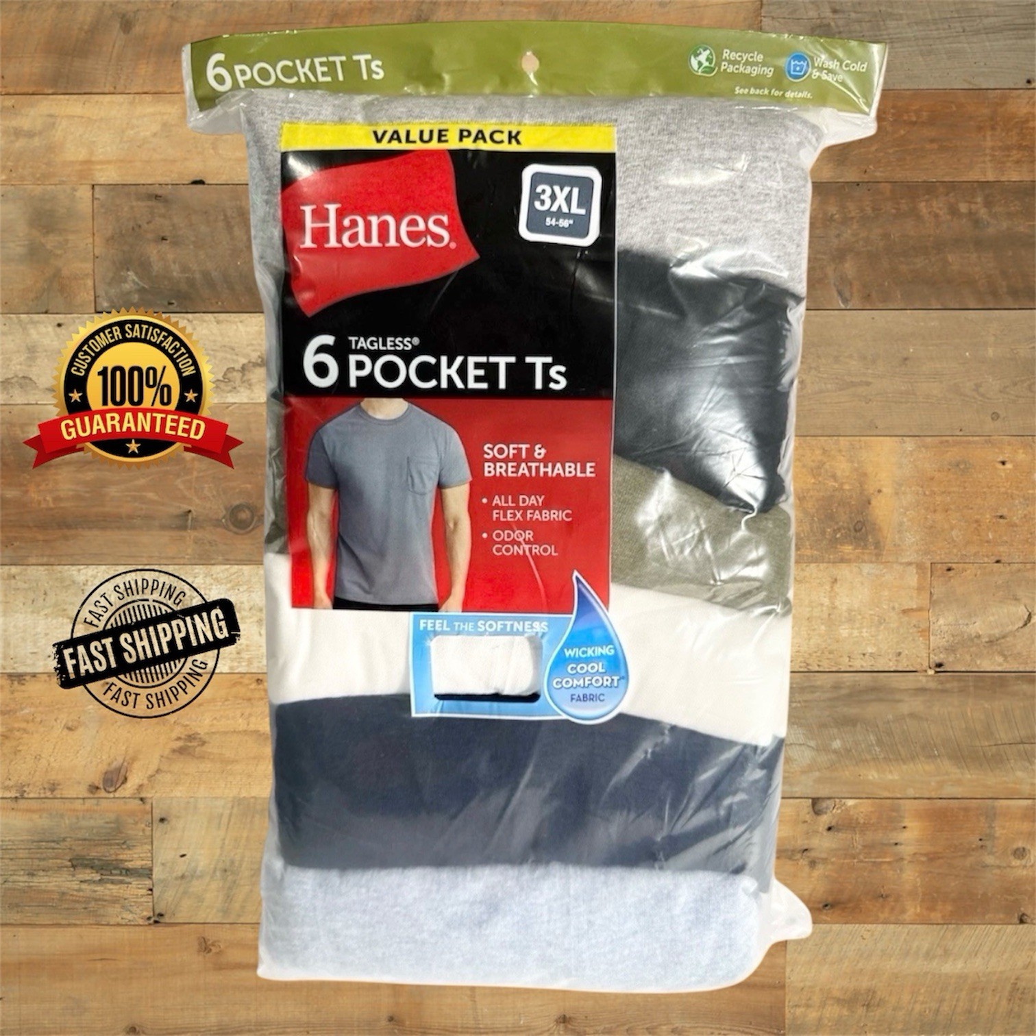 Hanes 6-Pack Pocket Tee Men’s T-Shirt Soft and Breathable Assorted, Size 3xl