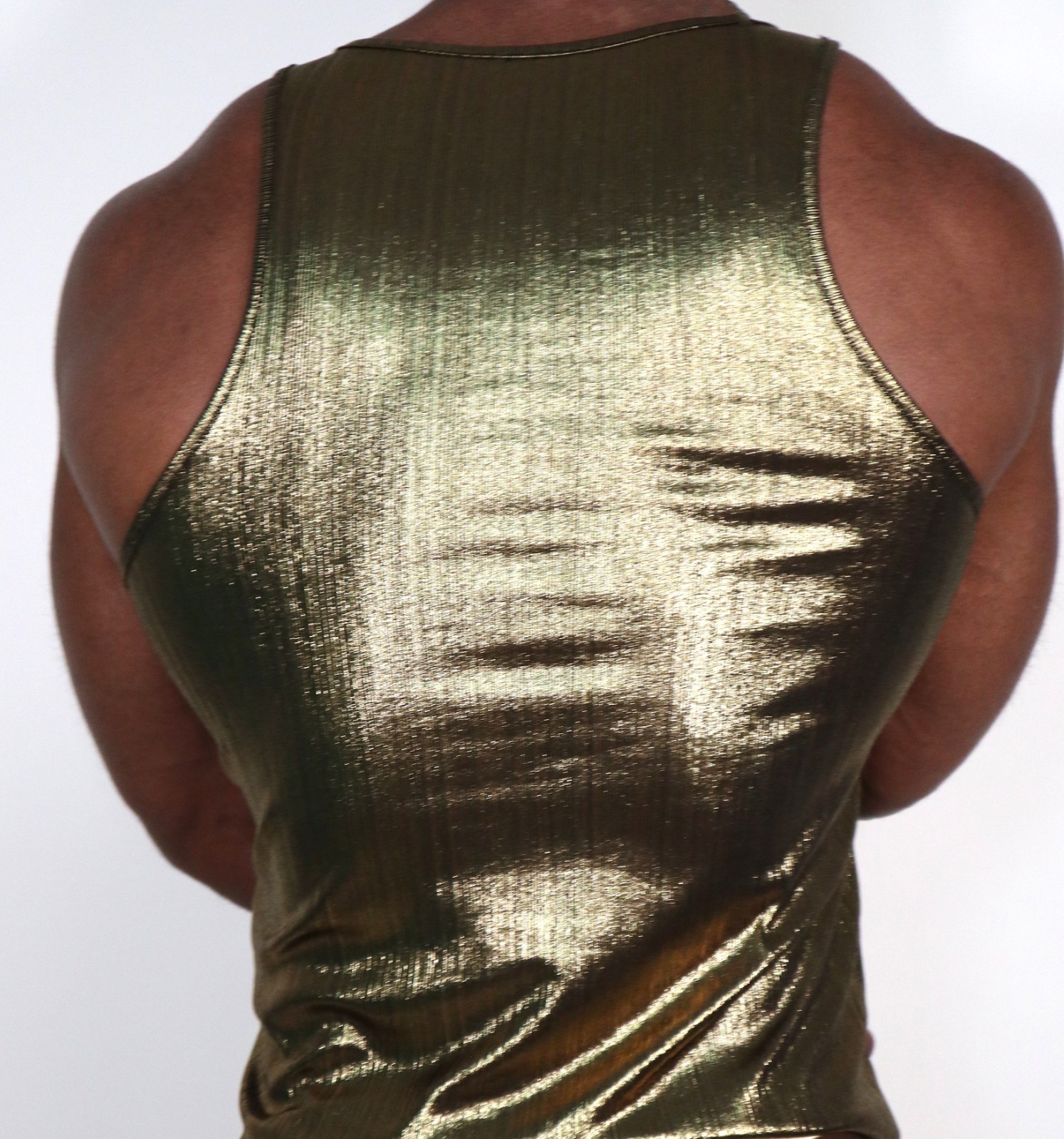 GOLD SHINY ZIP NECK LAME SLEEVELESS SHIRT (SIZE L) gallery