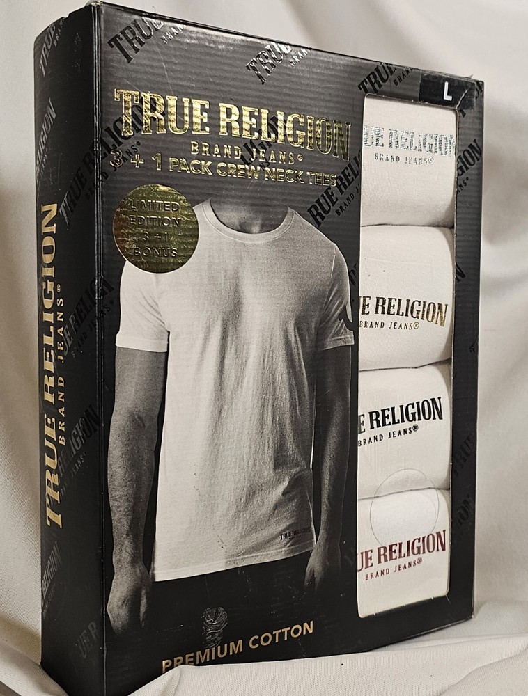 True Religion 4 Pack Crew Neck T-Shirts Large, White Premium Cotton SHIPS FREE!