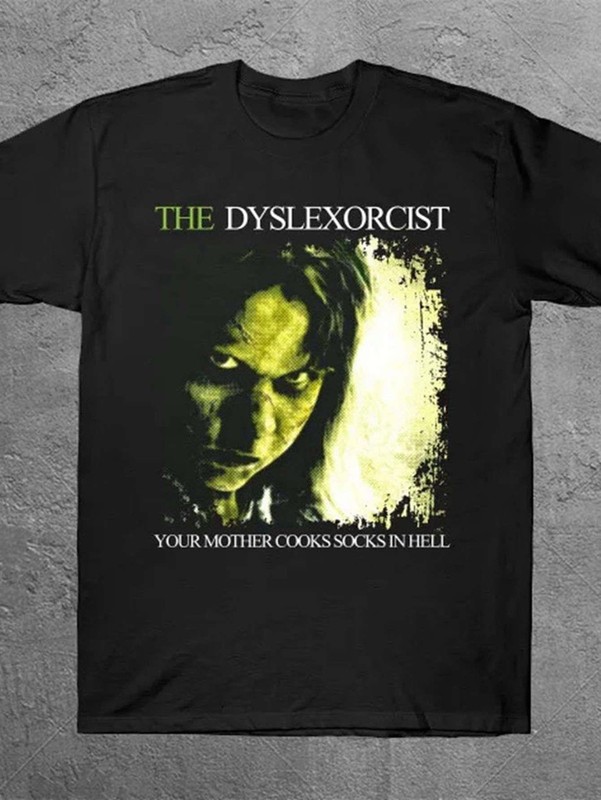 THE DYSLEXORCIST Graphic Tee – Edgy Black T-Shirt with Grungy Design, Featurin