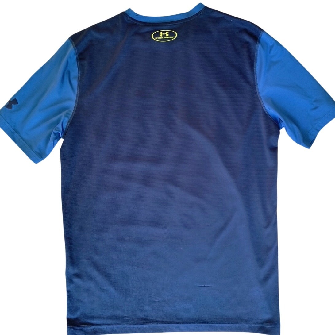 Under Armour Heat Gear Tee Men's Sz M Fitted Blue Short Sleeve Spellout Logo gallery