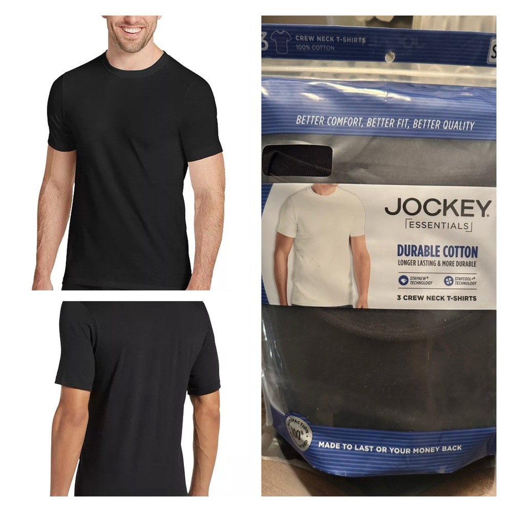JOCKEY ESSENTIALS 3-Pack Men’s Crew Neck T-Shirts Durable Cotton Black Size XL