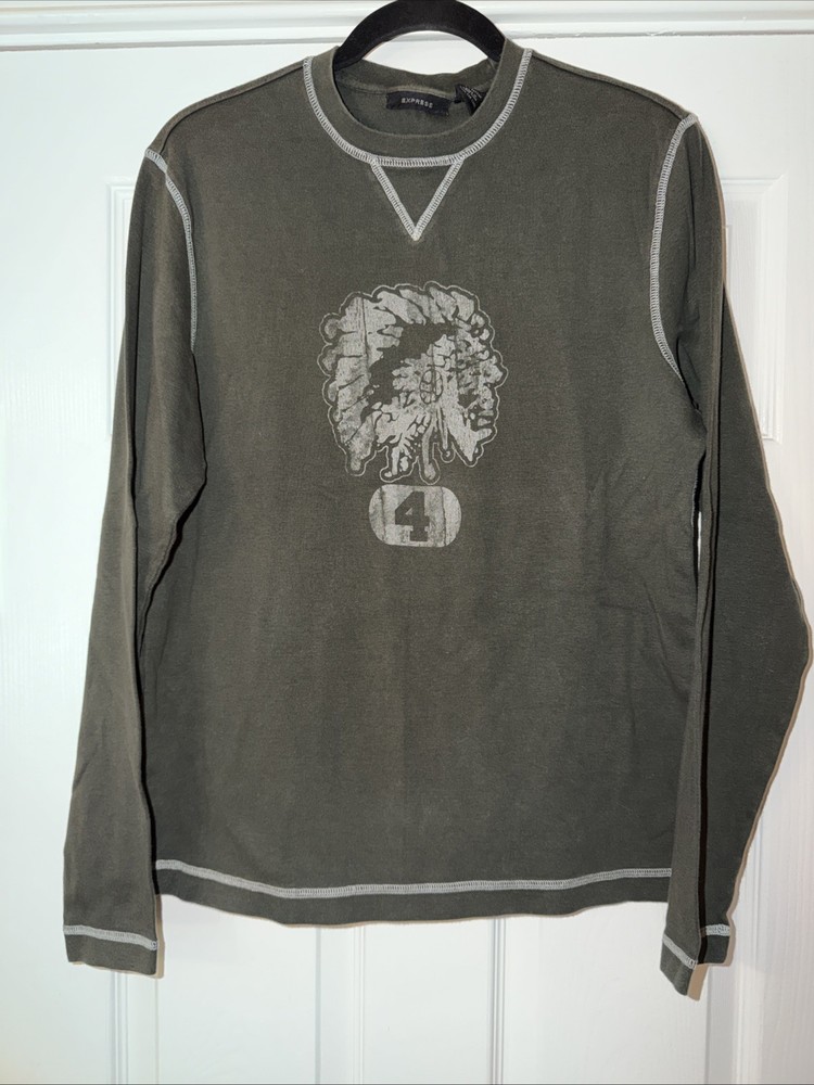 Men’s Vintage Y2K EXPRESS Long Sleeve American Indian #4 Shirt – Green – Small