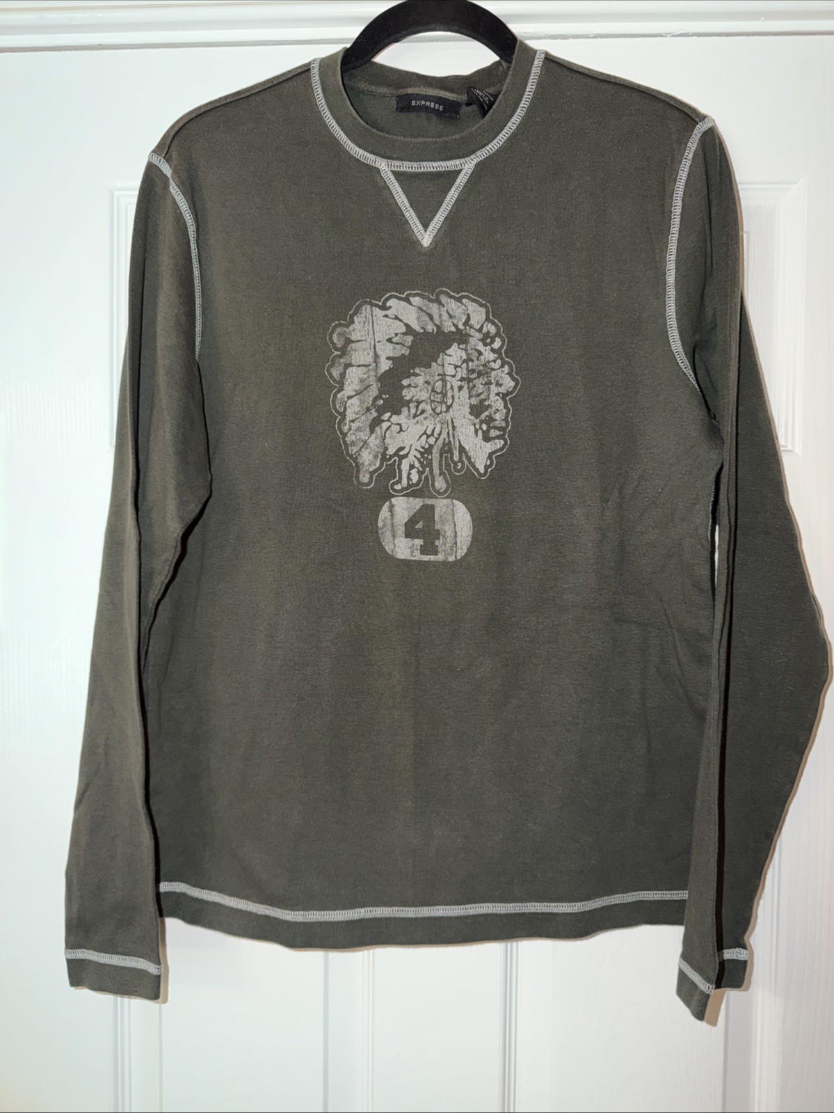 Men’s Vintage Y2K EXPRESS Long Sleeve American Indian #4 Shirt – Green – Small