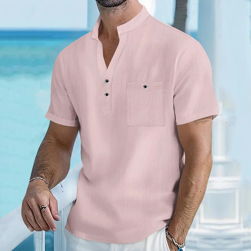 Men's Cotton Linen Henley Shirt Breathable Summer Casual Fit Tee Tshirt Fun Gift gallery