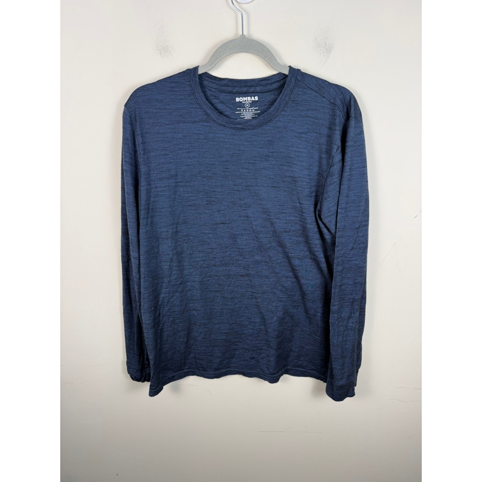 Bombas Mens Merino Wool Tencel Long Sleeve T-Shirt Navy Blue Space Dye Medium