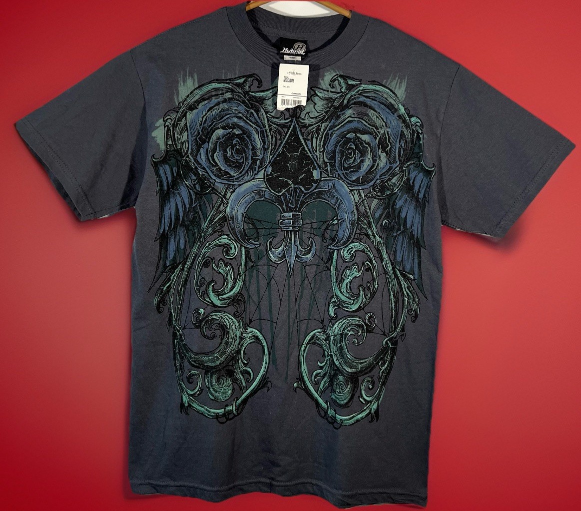 VTG Y2K Hybrid Tees T Shirt Gothic Tribal Graphic Roses fleur-de-lis Men’s Sz M gallery