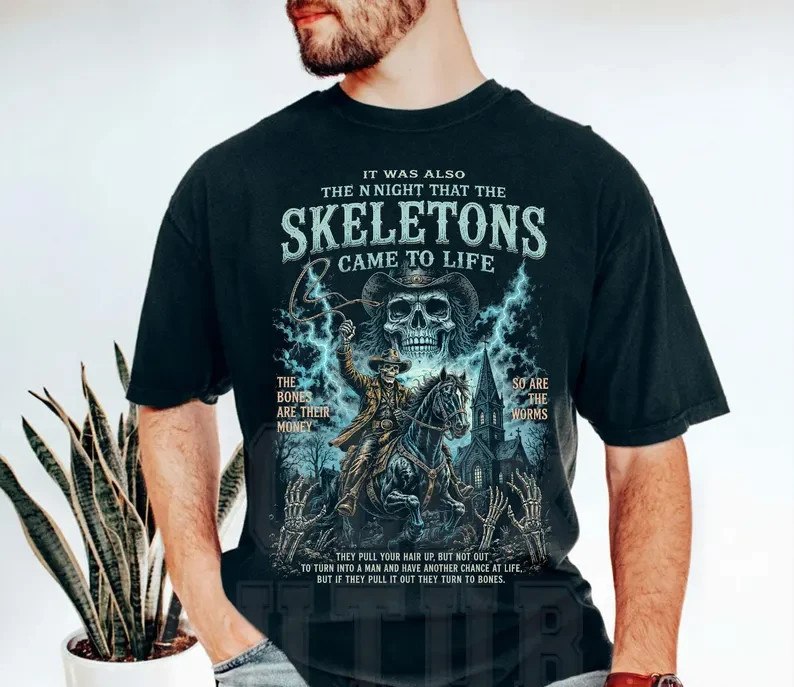 Skeleton Cowboy Shirt, Western Horror Graphic Tee, Night Skeletons Came To Life gallery