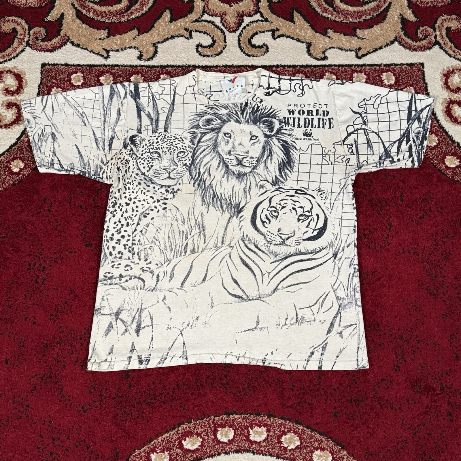 Vintage 80s-90s Artex Protect Wildlife Lion Tiger AOP T Shirt Size M Made In USA gallery