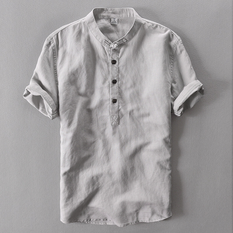 Men Linen Cotton Short Sleeve T-shirt Henley Neck Grandad Tops Tee Shirt White gallery