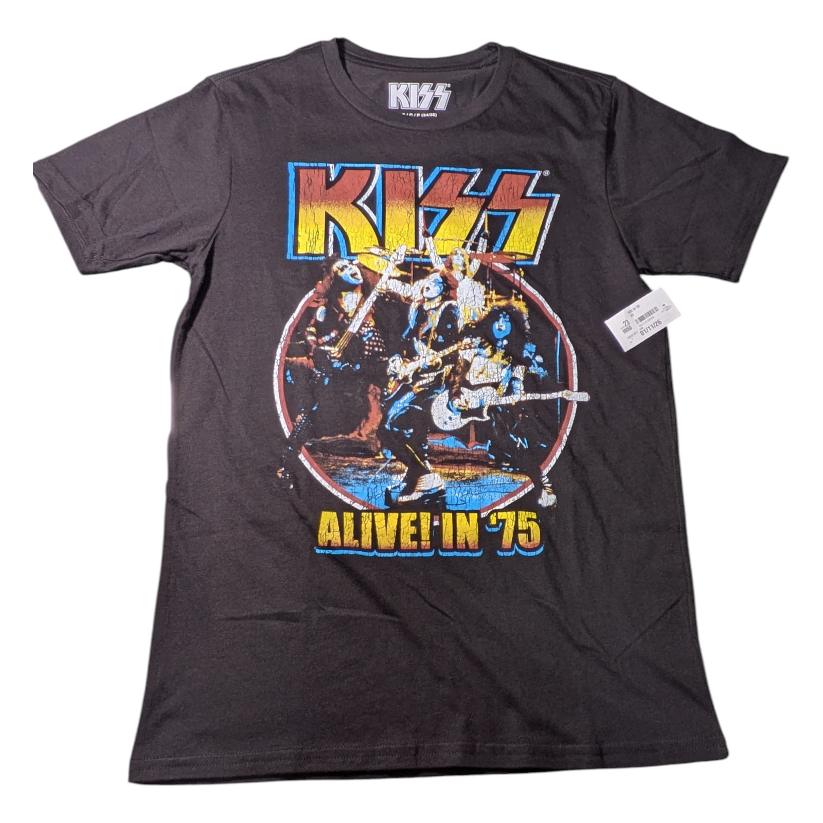 KISS-Music Band T-shirt – Size Small 34-36 – Black – Graphic – “Alive in 75” NWT