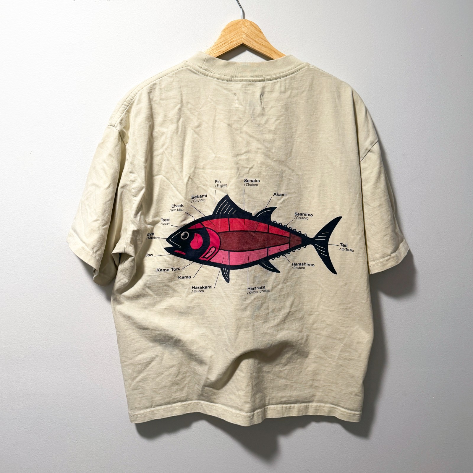 American Garage Shirt Salmon Fish Graphic Mens XL Tan Short Sleeve Cotton Tee