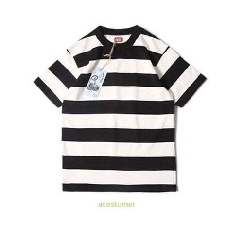 BOB DONG Men's Prisoner Retro Striped T-Shirt Crew Neck 330G Cotton Casual Shirt gallery