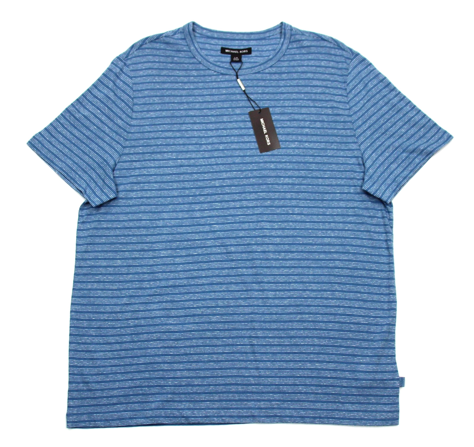 Michael Kors Shirt Mens Large Steel Blue Striped Linen Cotton Crew Neck Tee NWT gallery