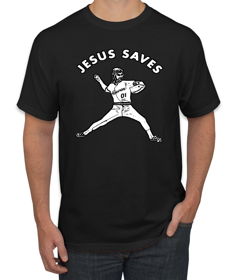 Jesus Saves Baseball Pitcher Reliever Inspirational Christian Men Graphic Shirt