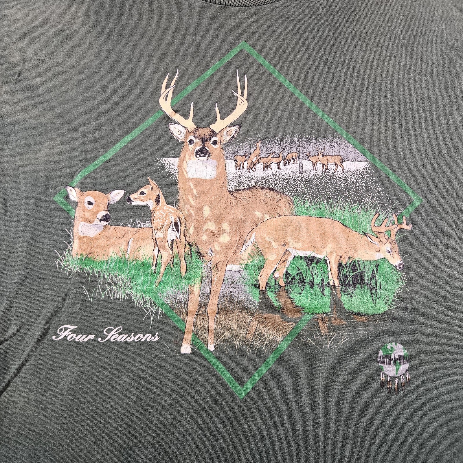 Vintage Fruit Of The Loom Four Seasons Deer Graphic T-Shirt Green Size L 90s USA gallery