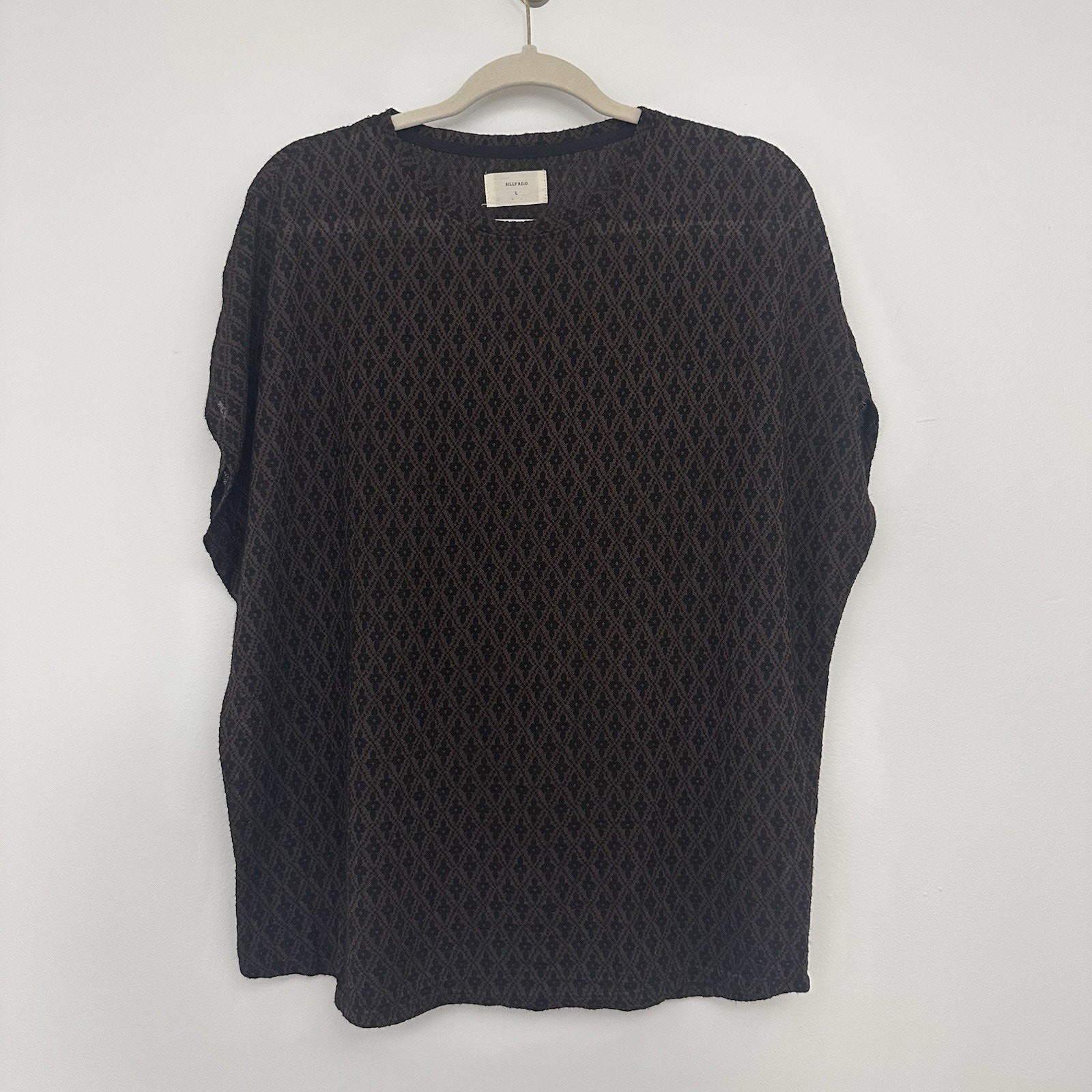 Billy Reid Mens L Wool Blend Boxy Brown Black Short Sleeve Semi Sheer Shirt