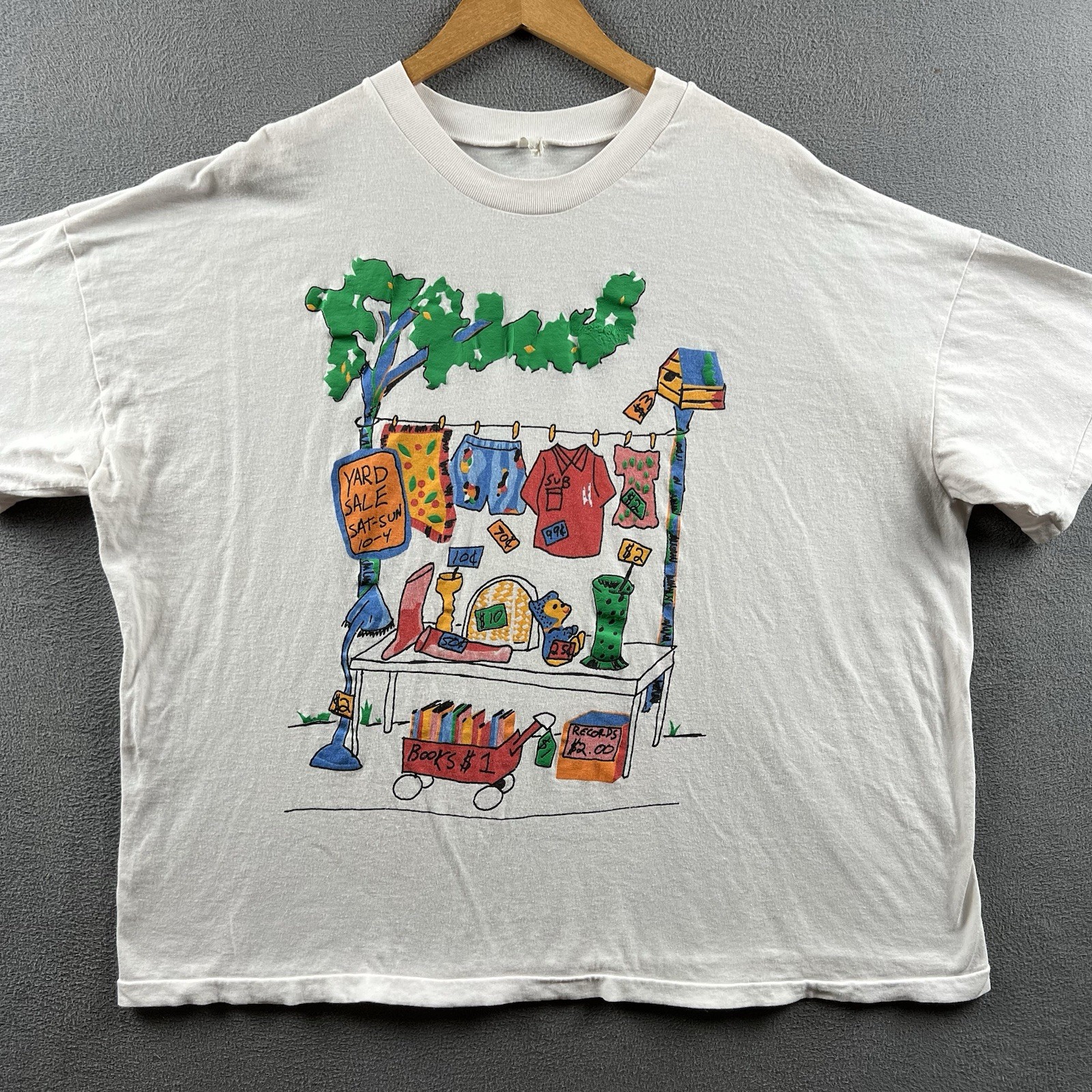 Vintage Yard Sale Shirt Mens OSFA White Single Stitch Puff Print Cartoon 90s USA gallery