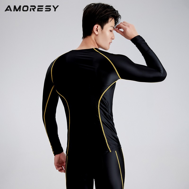 AMORESY Men Glossy Satin Oil Long-Sleeve Fitness T-Shirt Round Neck Running Tops gallery