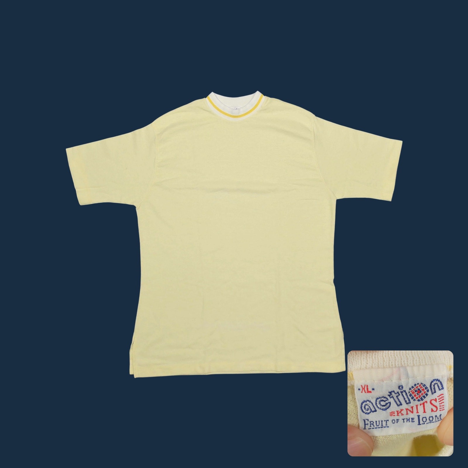 70s Fruit Loom Action Knits Ringer T-Shirt Pique Pale Yellow Mens M gallery
