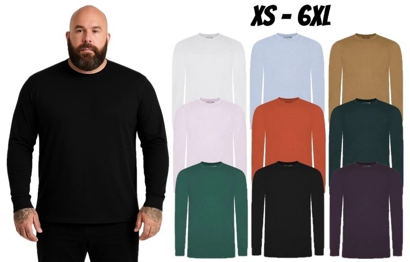 Men’s T-Shirt Long Sleeve 100%  Cotton 1, 3, 5 Pack Plain Crew Neck Tees XS- 6XL