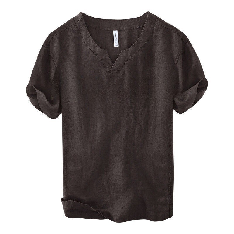 Men 100% Linen V Neck T-shirt Retro Summer Short Sleeves Tops Casual Undershirt gallery