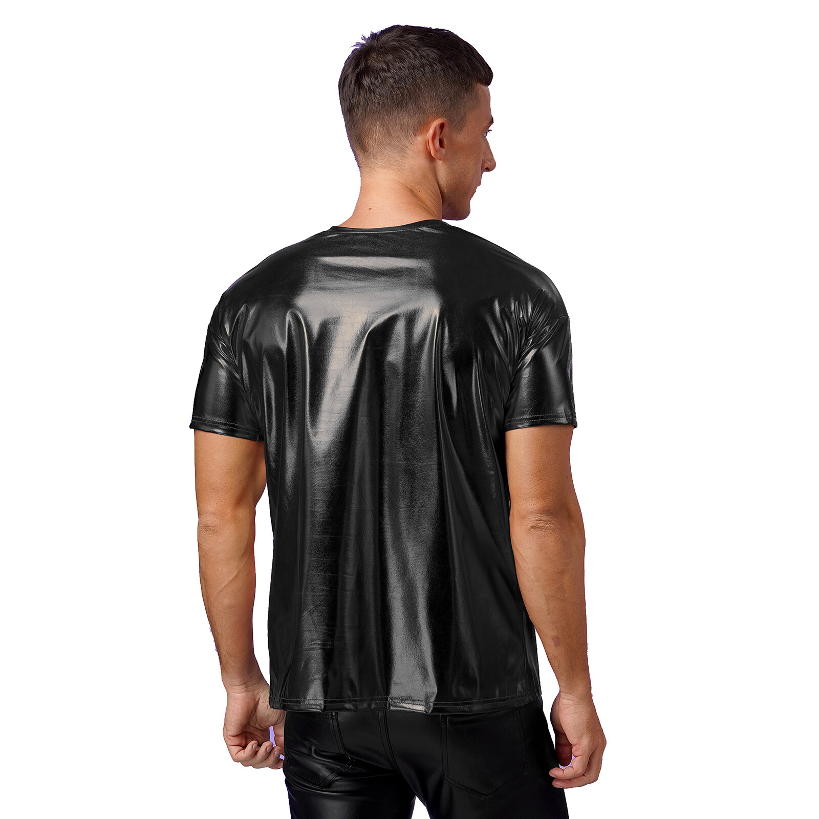 Metallic Shiny Short Sleeve Round Neck T-shirt for Club Show Performance Tops