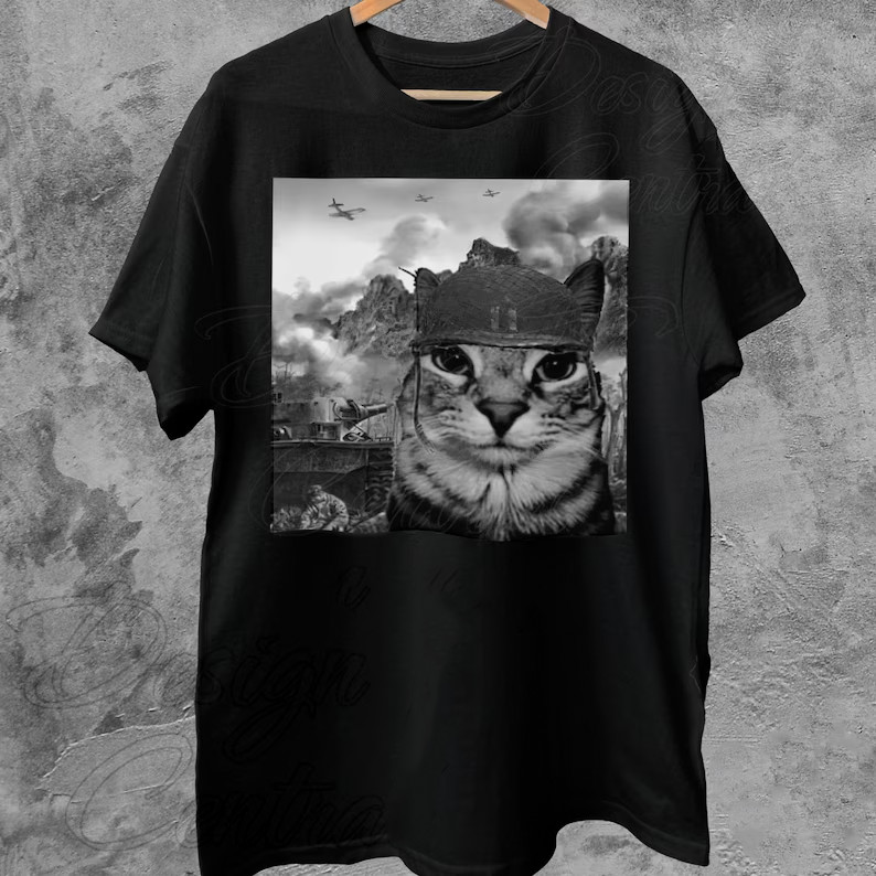 Funny Cat Soldier Graphic Tee Kitten Meme T-Shirt Unisex Gift