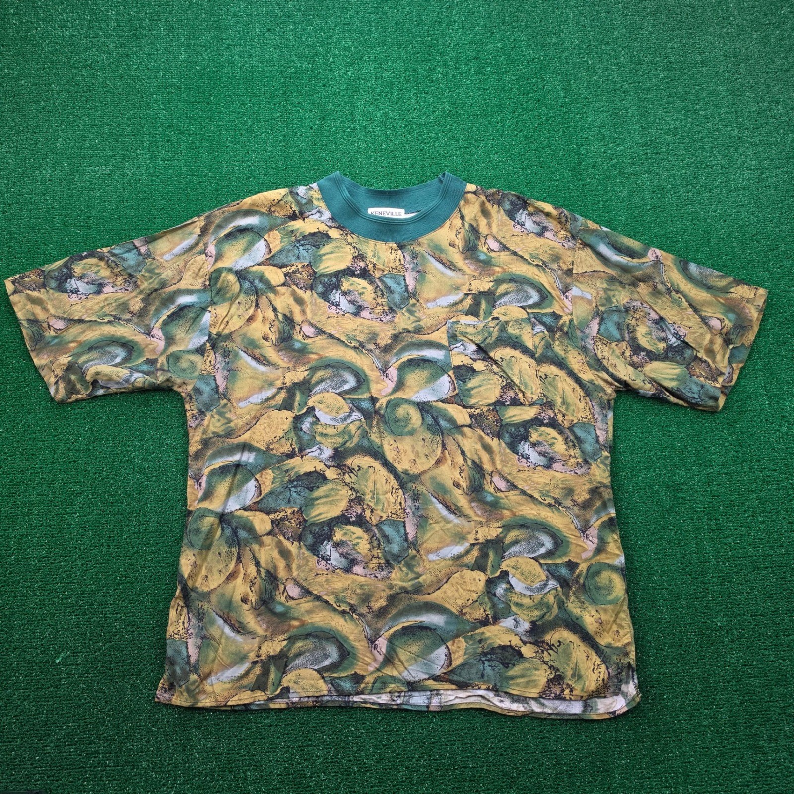 Vintage Keneville Shirt Mens Large Earth Tone Abstract 100% Rayon Pocket Tee