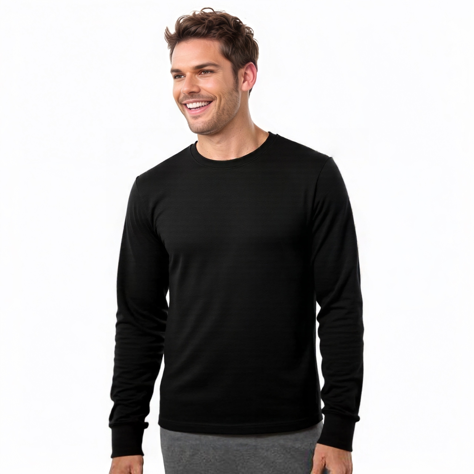 COUVER Men's Cotton Ribbed Cuff Crew Neck Long Sleeve T-Shirt, 1 Piece gallery