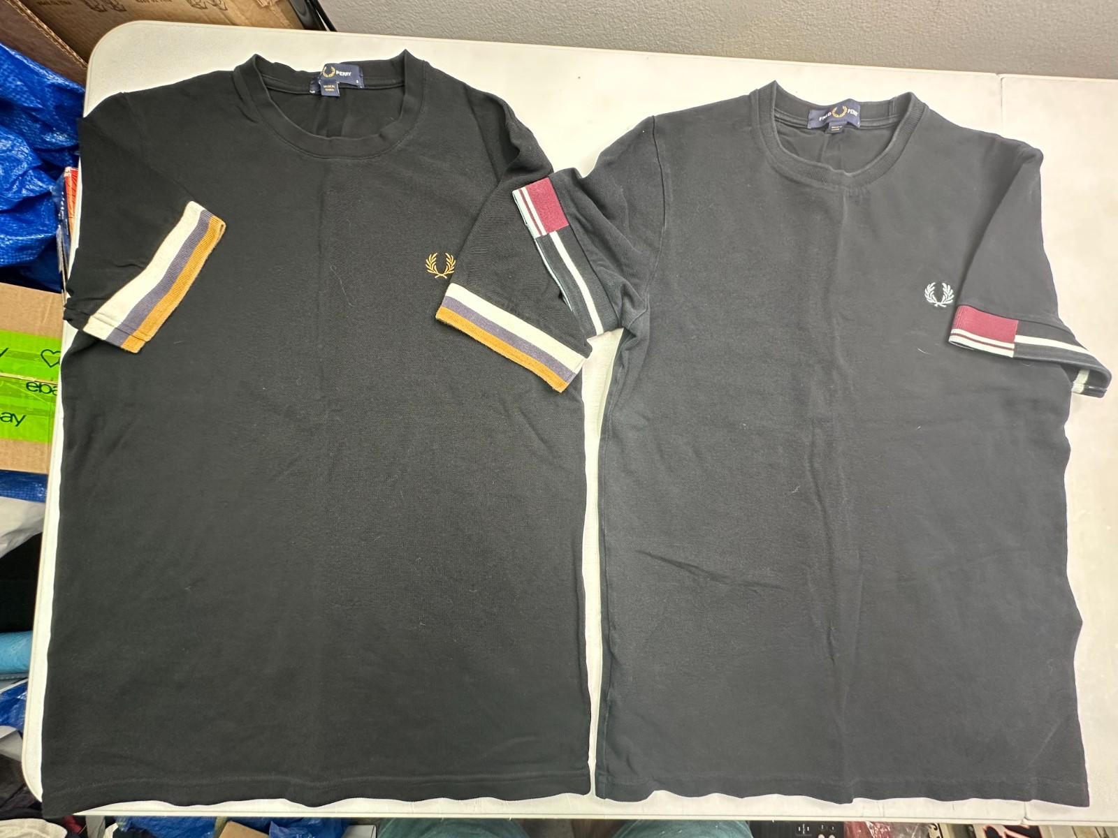 Fred Perry Lot of 2 Striped Cuff Shirt Mens Size S Black Crew Neck Short Sleeve