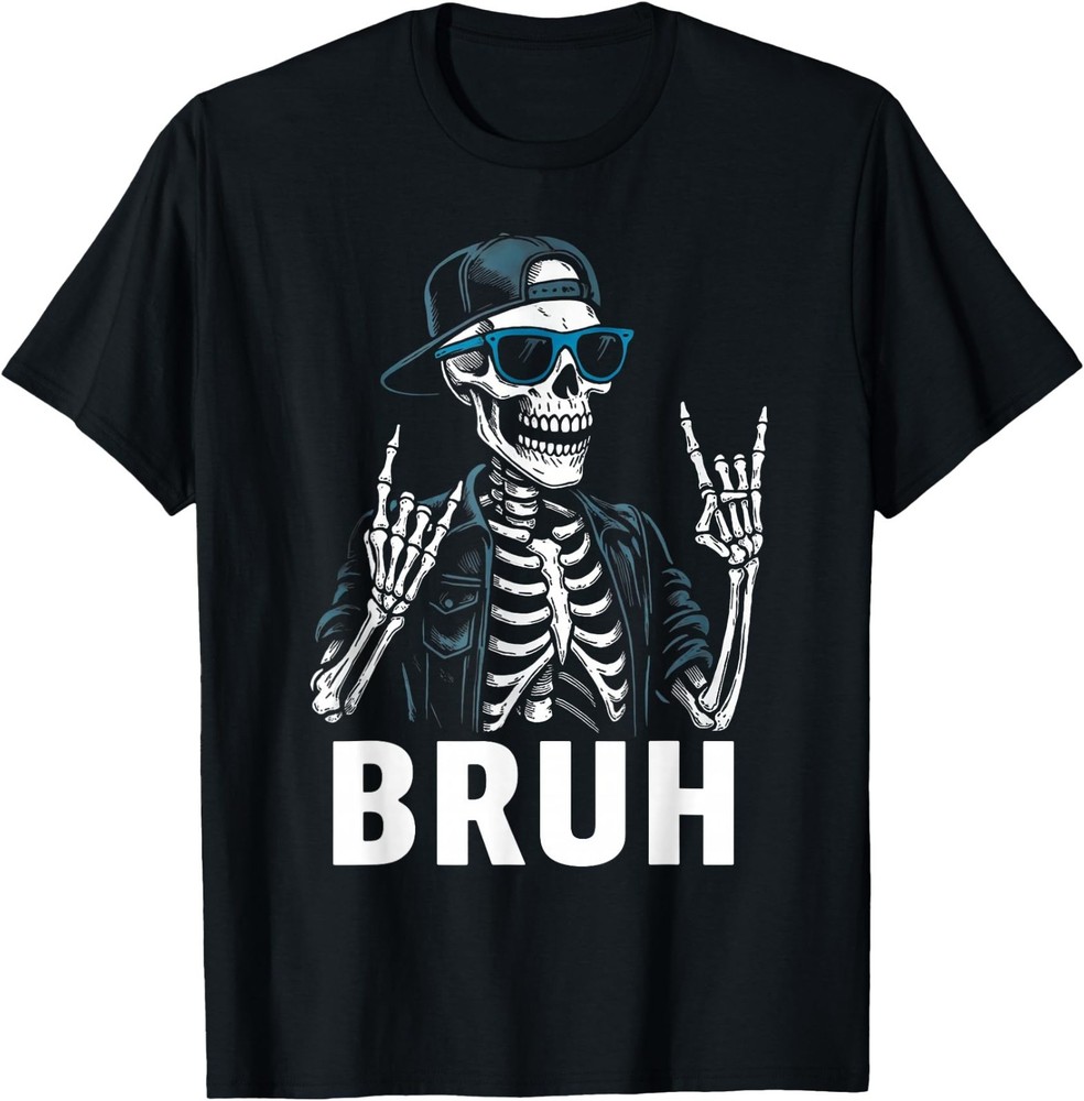 Cool Bruh Skeleton Rock On Halloween Men Teens Boys Kids T-Shirt