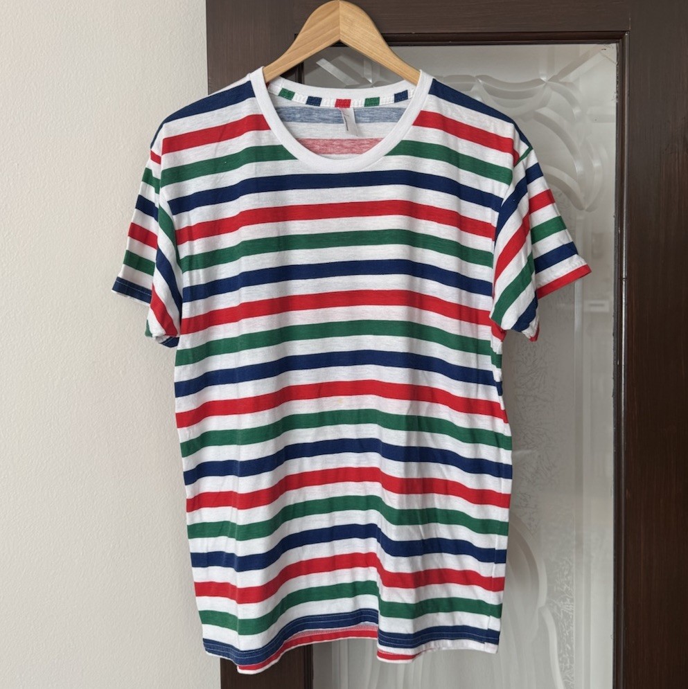 American Apparel Multi Striped Ringer Tee 50 50 Large Made In USA Red Green Blue gallery