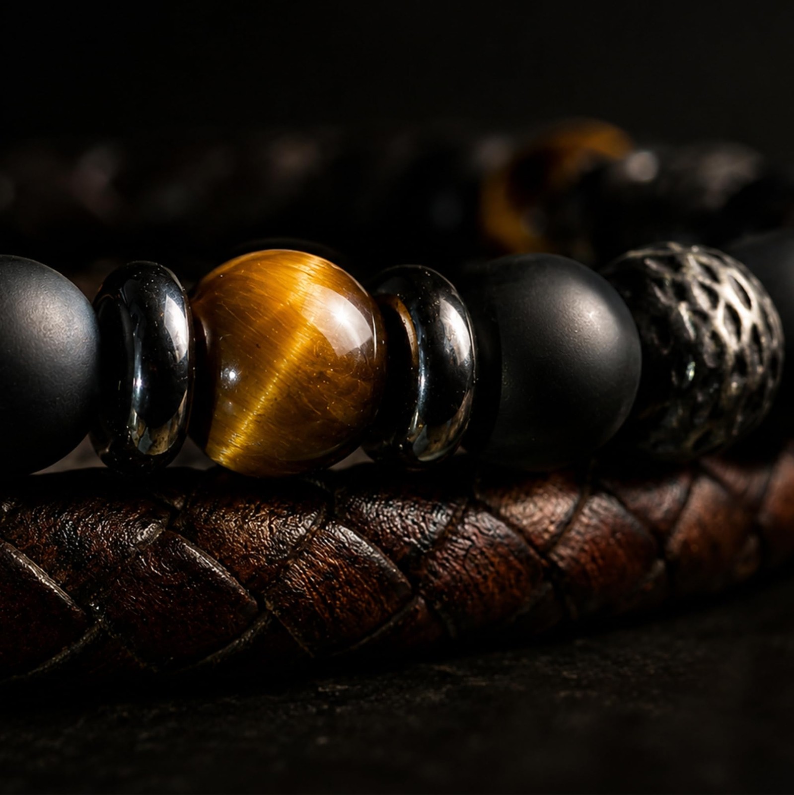 Men’s Leather Bracelet Stack with Textured Stainless Steel Beads, Hematite, B... gallery